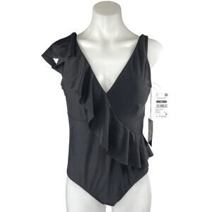 NEW Basement Black Sleeveless Ruffle V-neck One Piece Swim Wear Swimsuit Size XL